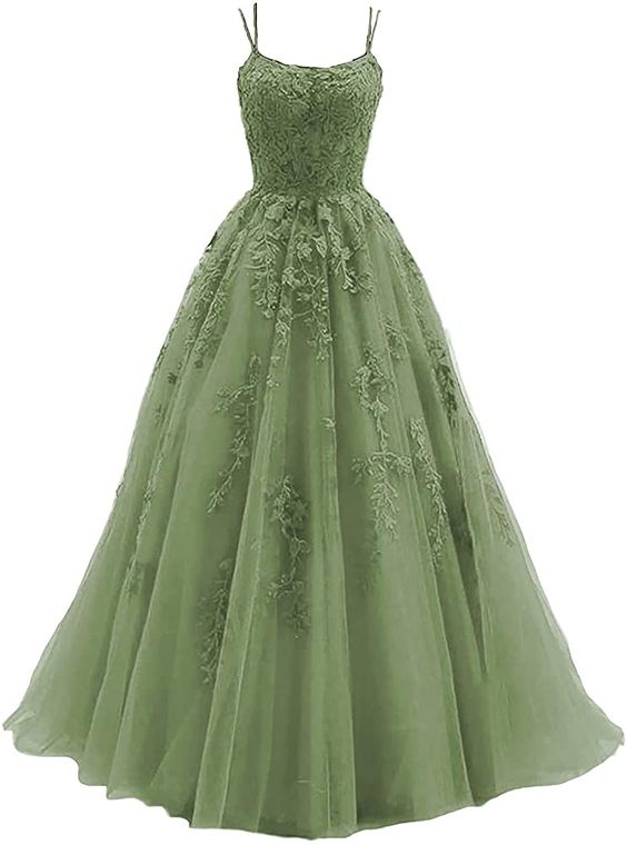 Green Lace Appliques Dresses Long Spaghetti Straps Tulle Long Formal Party Evening Gowns with Train for Women