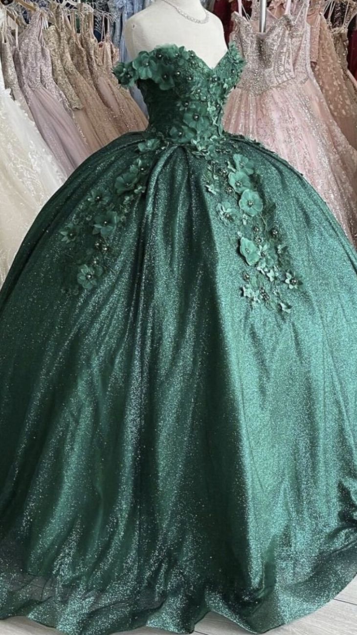 Off The Shoulder Green Ball Gown With Flowers Sweet 16 Dress