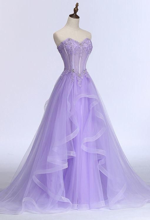 Lavender Sweetheart Tulle A-Line Lace Applique Party Dress, Beautiful Sweet 16 Dress