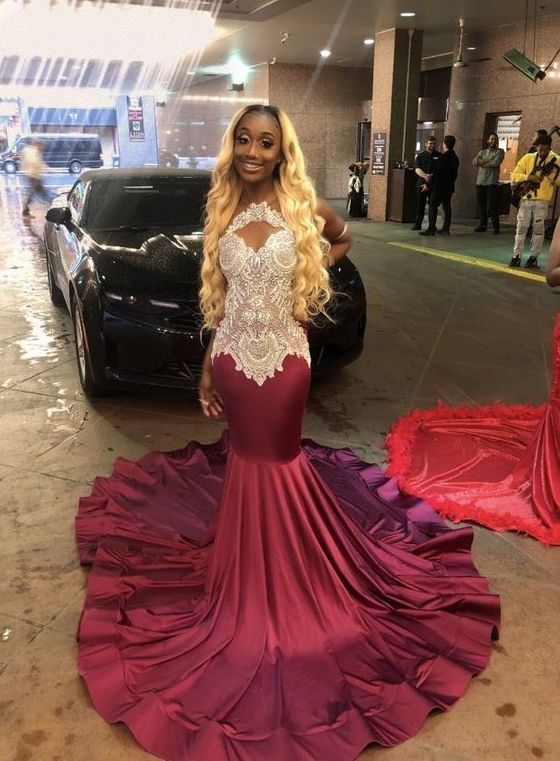 Mermaid Burgundy Prom Dress With Lace, Charming Prom Dress