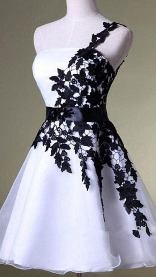 A Line One Shoulder White Homecoming Dress with Black Lace, Knee Length Party Dress