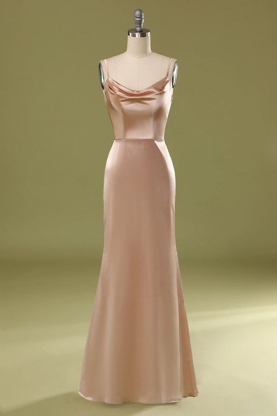Dusty Pink Satin Spaghetti Straps Prom Dress