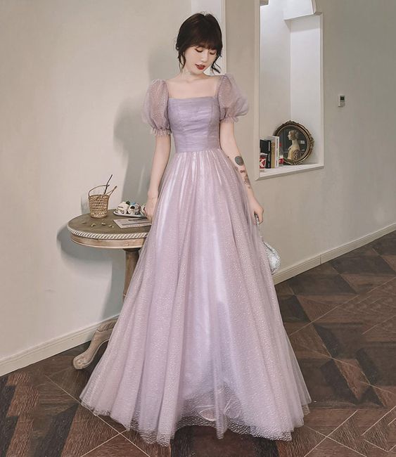 Purple tulle long A line prom dress evening dress