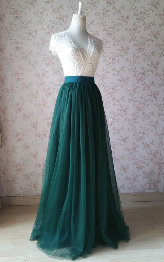 Dark Green Tulle And White Lace Top Prom Dress