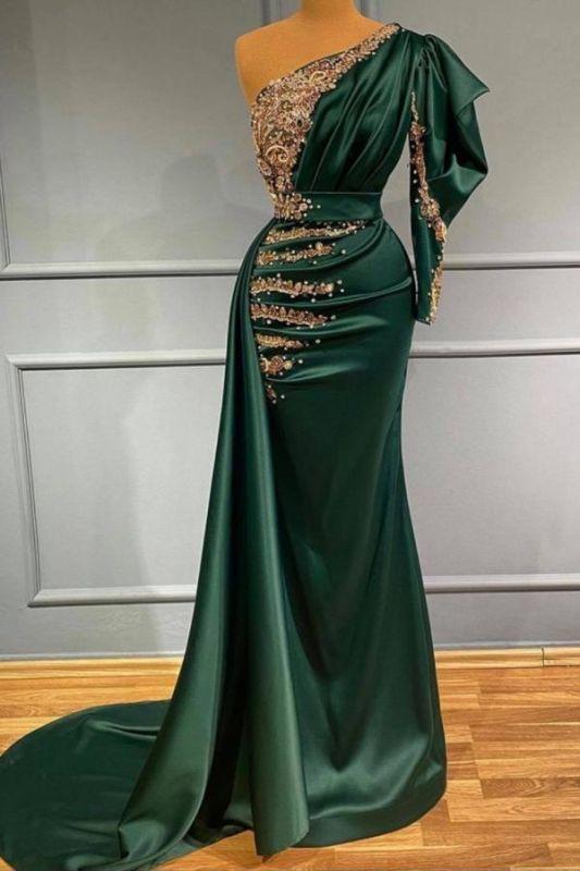 Charming dark green satin mermaid evening dress with gold bow appliqués pearls