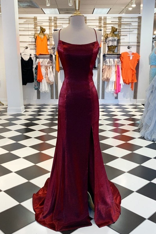 Burgundy Strappy Mermaid High Side Slit Dress