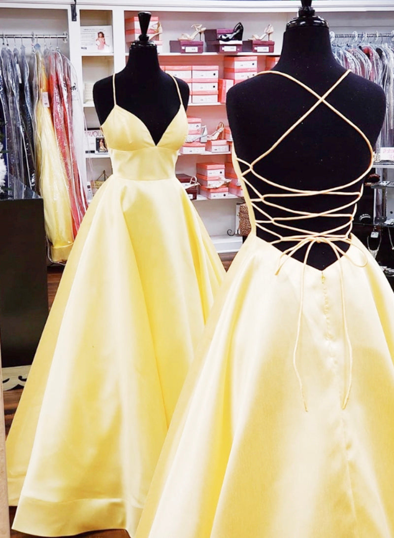 Yellow satin long prom dress, yellow evening dress