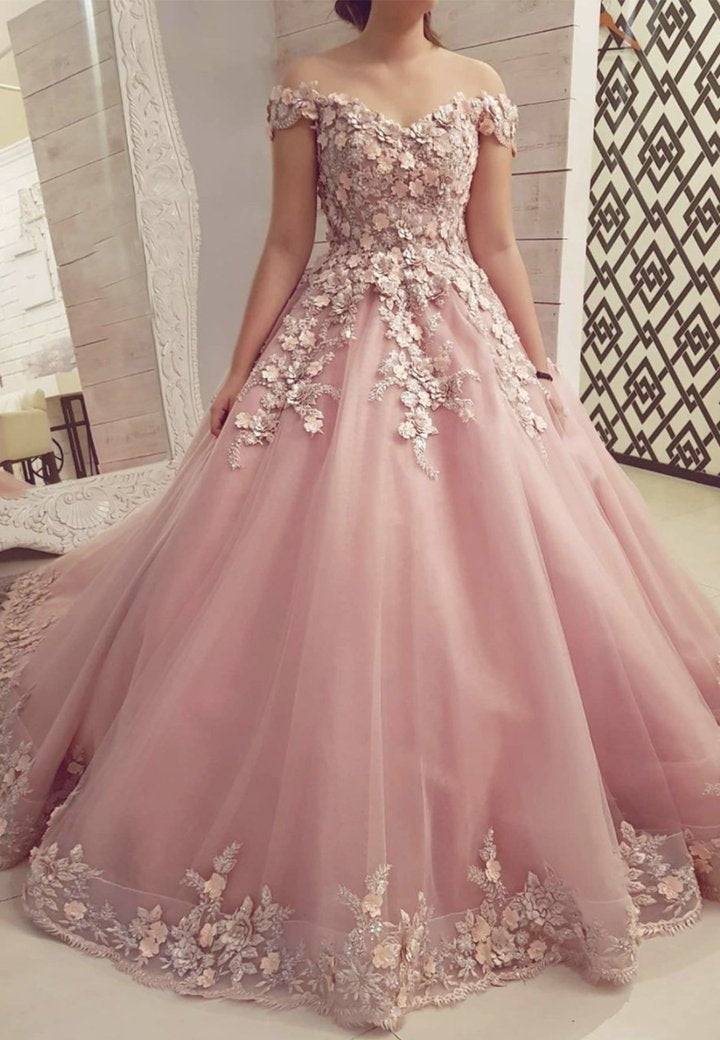 Pink tulle appliqué long ball gown dress formal dress