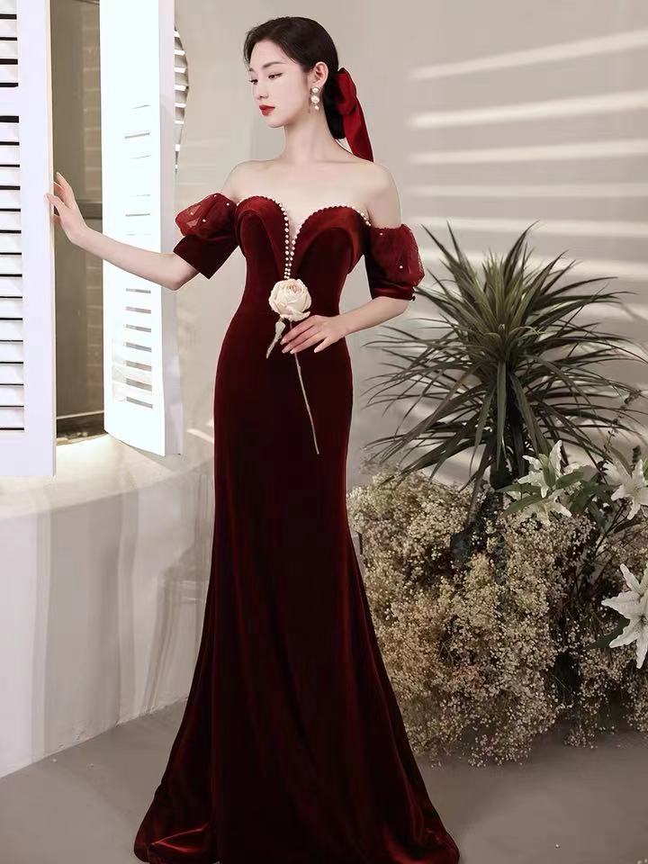 Burgundy party dress,off shoulder evening dress,velvet mermaid long prom dress,backless sexy formal dress,custom made