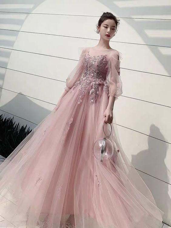 Long sleeve evening dress, fairy dream pink party Long prom Dress