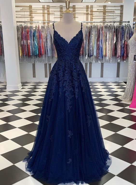 Navy Blue Lace Prom Dress A-Line Tulle Ball Gown Evening Dresses