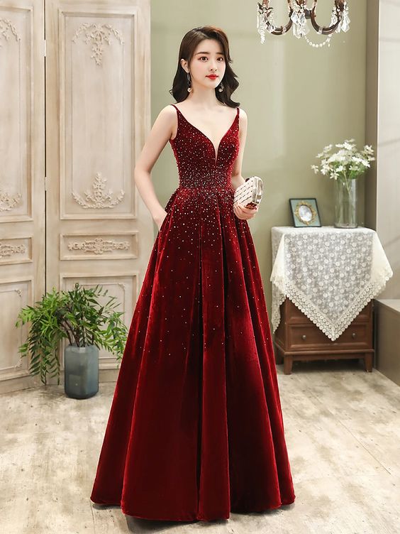 Wine Red Velvet Straps Long Evening Dress, Floor Length New Style Prom Dress, Paty Dress