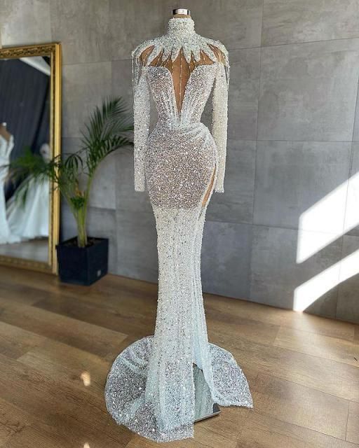 White Arabic Split Prom Dresses Luxury Beading Sequined High Neck Long Sleeve Women Plus Size Formal Evening Gowns