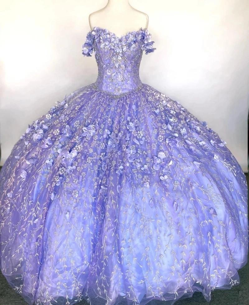 Floral Quinceanera Dresses With Warp Off Shoulder Puffy Skirt Lace Embroidery Princess Sweety 16s Girls , Ball Gown