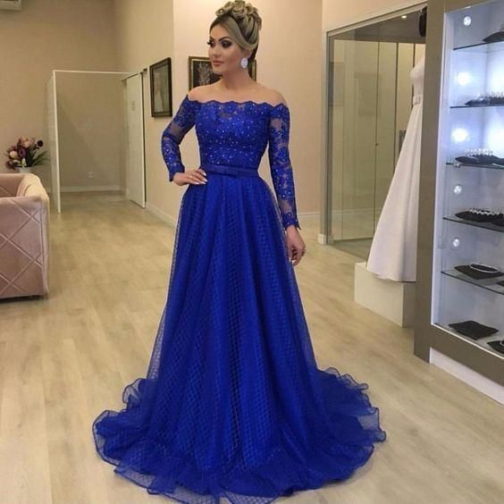 Off shoulder royal blue prom dress