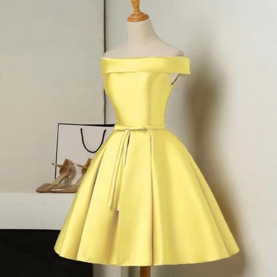 Lovely Yellow Satin Off Shoulder Short Party Dress, Yellow Homecoming Dress