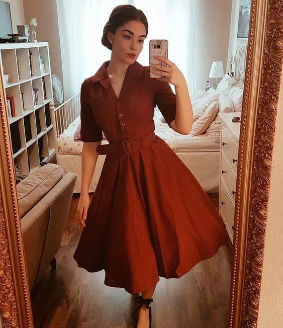 Dark Red Vintage Tea Length Prom Dress