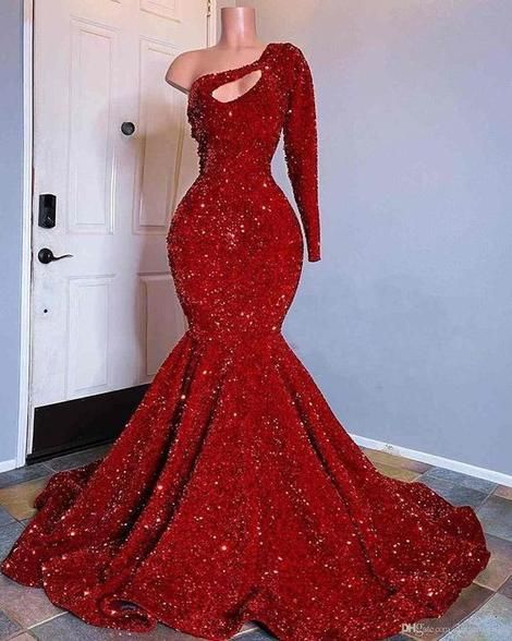 Red Sequined Black Girls Mermaid Prom Dresses, Plus Size One Shoulder Long Sleeve Sequined Keyhole Prom Gowns