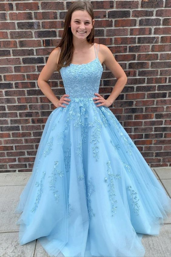 Light Blue Applique Lace up back Prom Dress