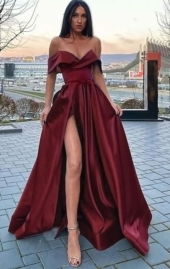 Elegant A Line Satin Off the Shoulder Royal Blue Long Women Formal Prom Dresses Party Gown with Slit