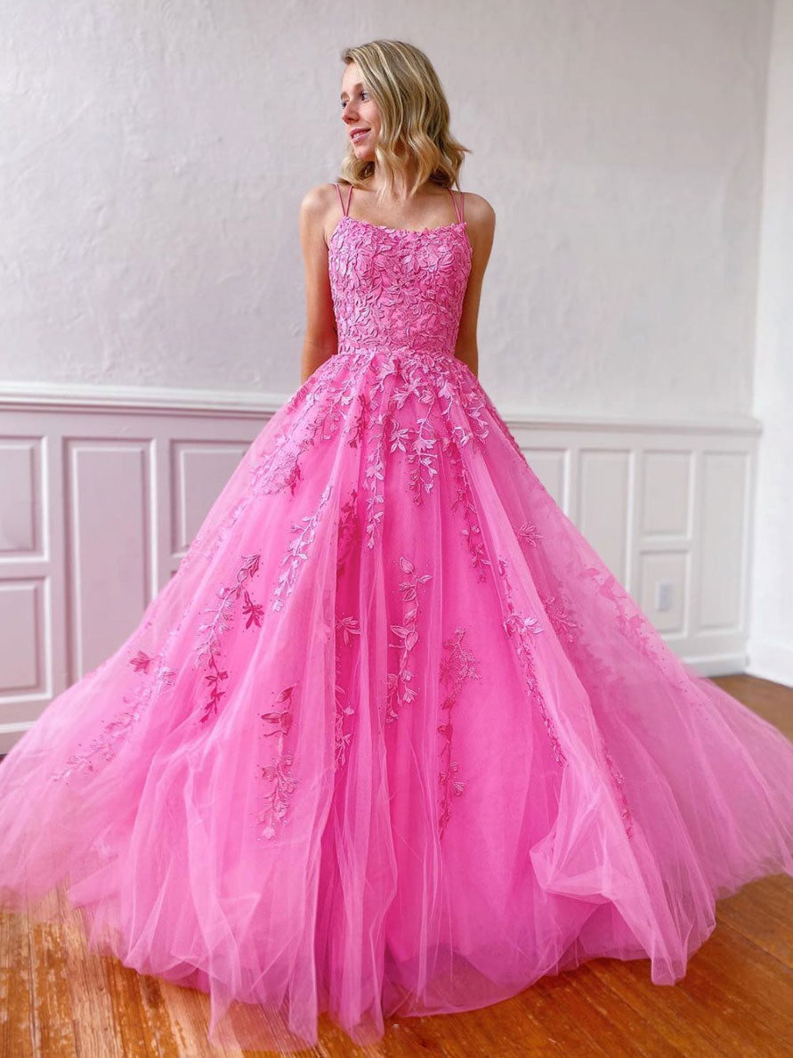 Hot Pink Tulle Lace Long Prom Dress Hot pink Tulle Lace Formal Dress
