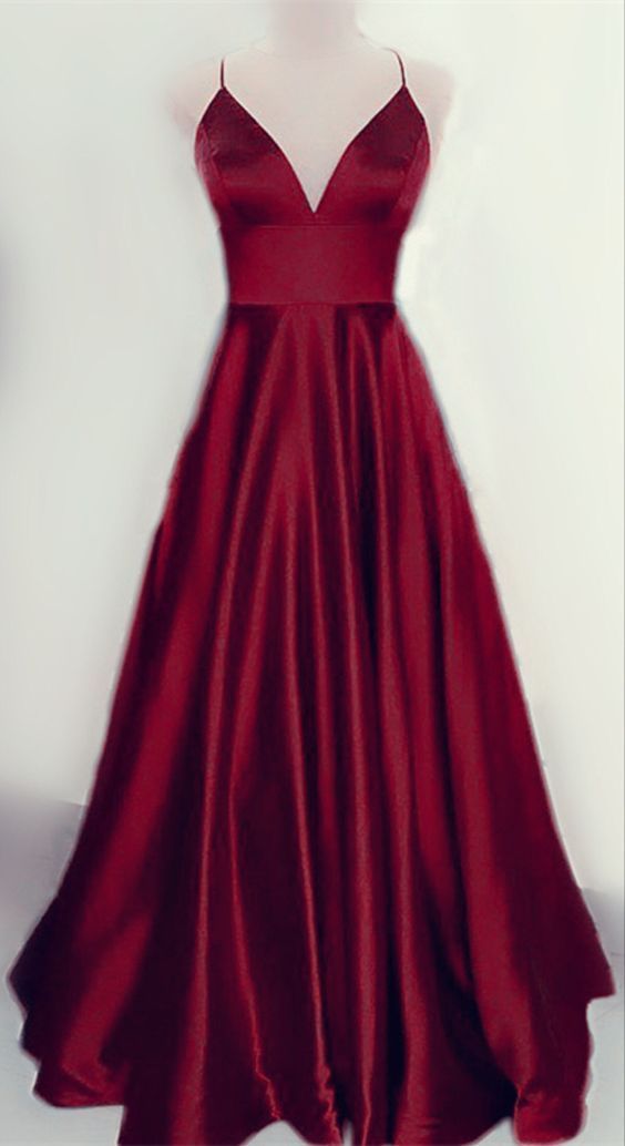 Burgundy spaghetti strapssimple prom dress