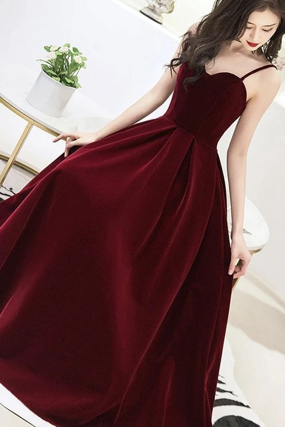 Velvet Straps V-neckline Party Dress, Long Burgundy Prom Dress Evening Dress