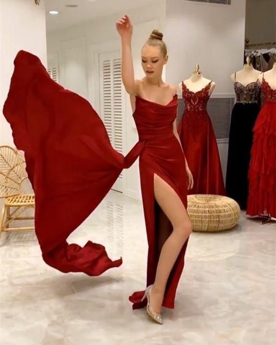 red prom sheath dresses 2022 satin split evening gown