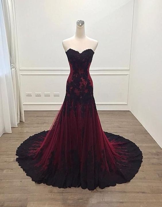 Deep Burgundy Evening Party Dress Sweetheart Prom Dresses Lace Appliques Evening Dresses