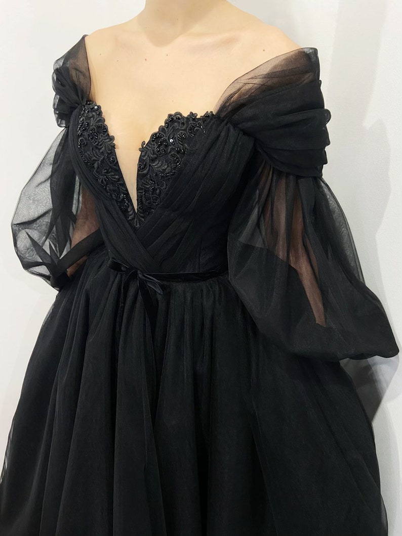 Black gothic tulle embroidery lace corset wedding gown, convertible dress with long sleeves, alternative prom dress