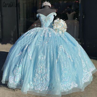 Blue Quinceanera Dress Lace Applique Beaded Bling Organza Off Shoulder Sweet 16 Dress ,Blue Ball Gown
