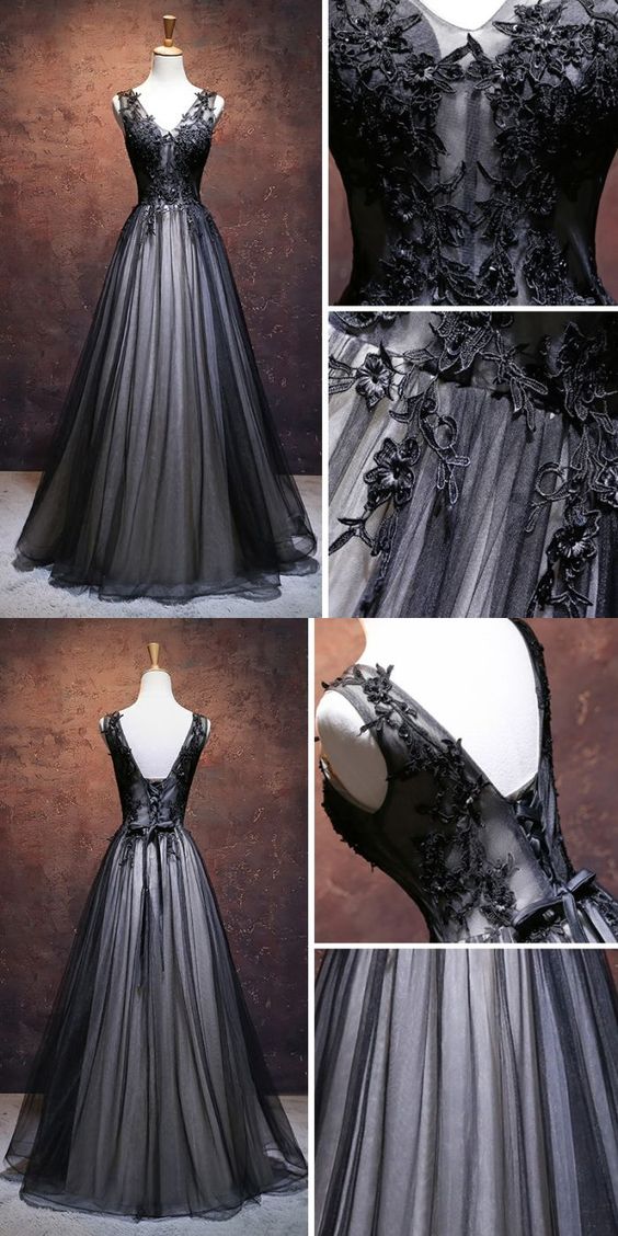 A-line V Neck Black Lace Tulle Prom Dress
