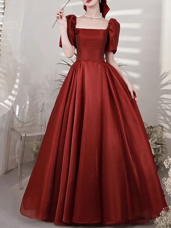 A-Line Elegant Vintage Prom Formal Evening Dress Square Neck Short Sleeve Floor Length Satin with Pleats