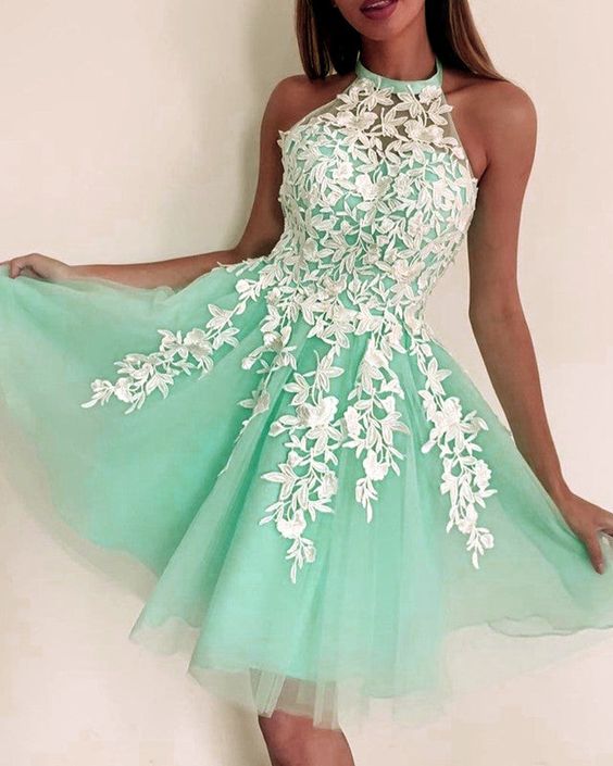 Short Halter Junior Homecoming Dresses Lace Mint Green