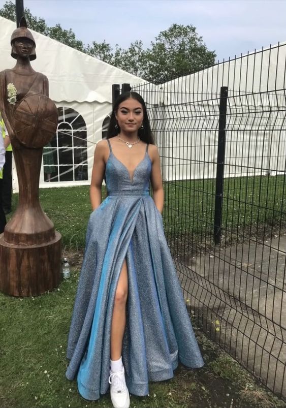 Shiny Blue Sexy V Neck Formal Evening Long Prom Party Dress,Spaghetti Straps Back Open Prom Dress