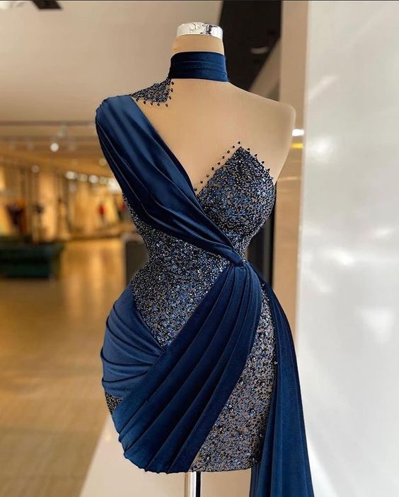Navy Blue Velvet Sparkly Short Formal Train One Shoulder Short Prom Dresses Pleated Evening Gowns Sexy Party Dress