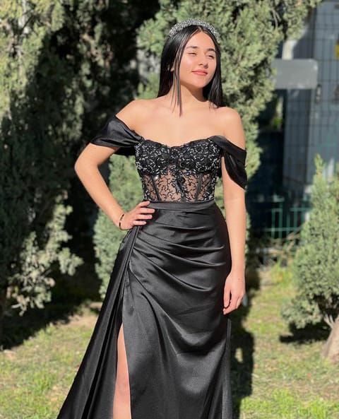 Off The Shoulder Black Prom Dress Leg Hight Split Elegant Evening Dress