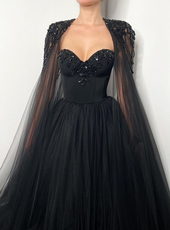 Black Gothic crystal beaded corset wedding tulle dress, elegant beaded alternive bride dress, long black cape black prom dress