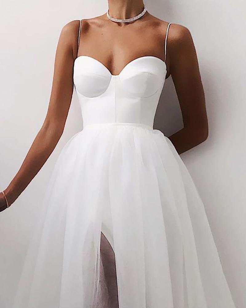 Spaghetti Strap Plain Sheer Evening Dress Simple Tulle Party Dress