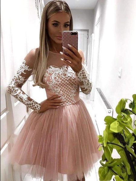 A-line Scoop Pink Lace Short Prom Dress Long Sleeve Homecoming Dress