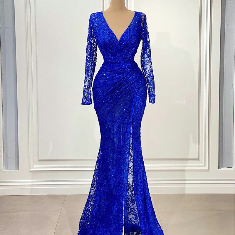 Royal Blue Mermaid Evening Gowns V Neck Long Sleeve Side Split Evening Gowns Red Carpet Illusion Prom Dress