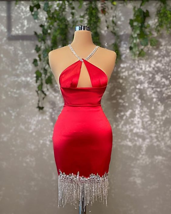 Red Haler Neckline Party Dress With Tassel Buttom
