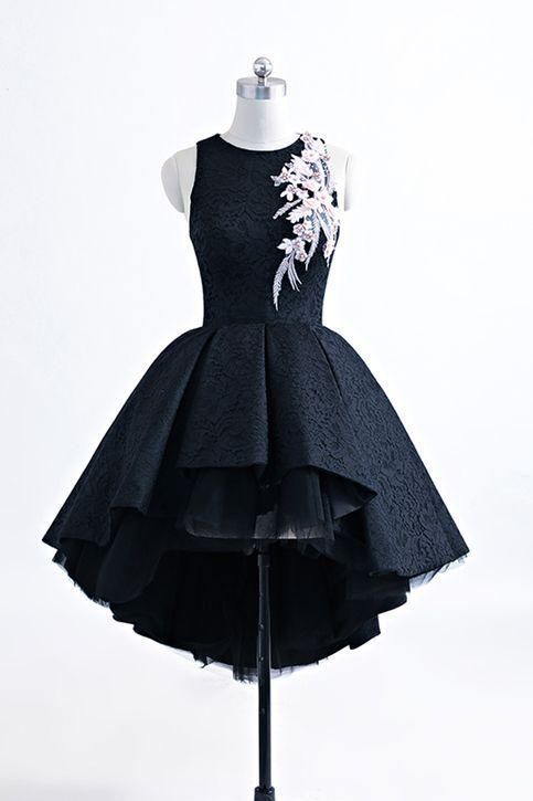 Black satin high low homecoming dress, short black halter homecoming dress
