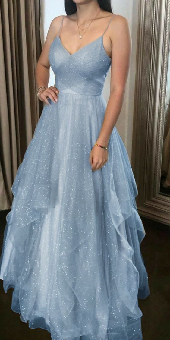 Elegant Blue spaghetti straps tulle long prom dress V-Neck Blue Tulle Prom Dress Long Evening A Line Corset Dress