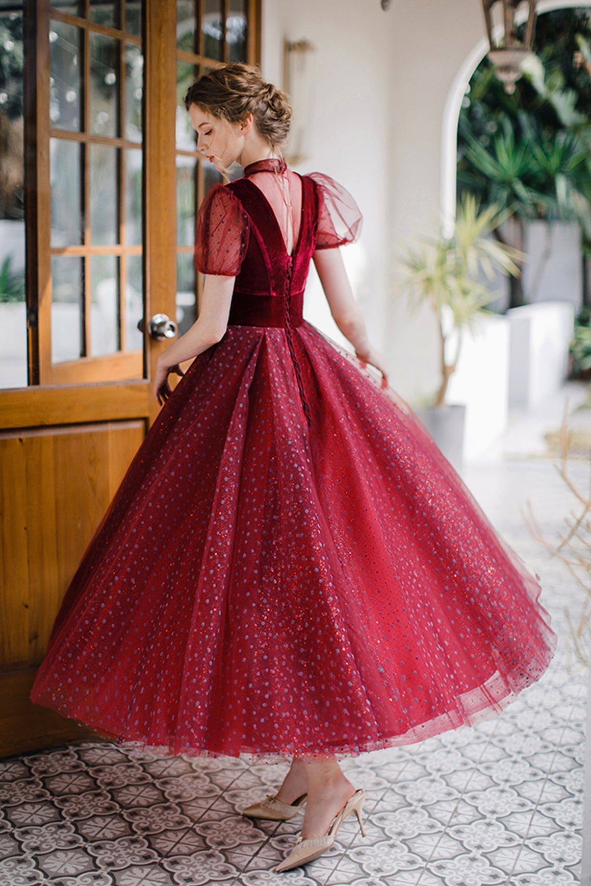 Elegant A line short prom dress burgundy evening dress