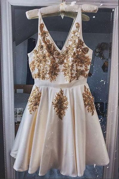 V-neck Sleeveless Homecoming Dress Appliques A-line party dress