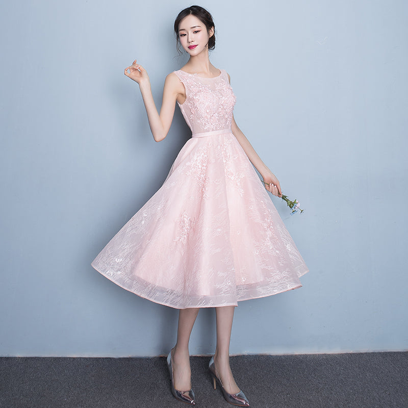 Pink round neck lace short prom dress, lace evening dress