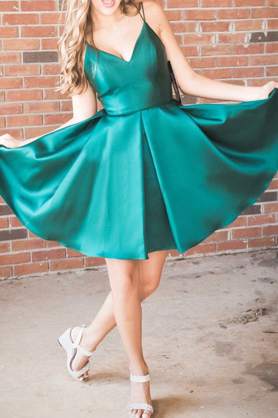 Straps V Neck Satin Mini Prom Homecoming Dress Dark Green Cocktail Party Dress