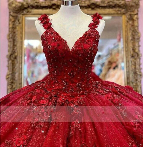 Red Quinceanera Dresses 3D Flowers Appliques Top Beaded Ball Gown Sweet 16 Dress