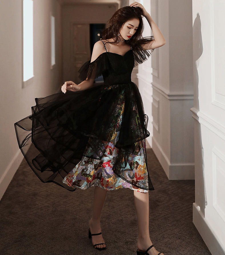 Unique design black tulle short prom dress